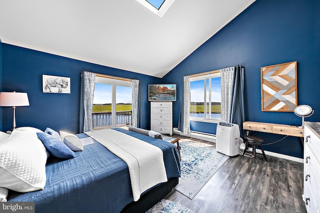 bedroom featuring a water view, vaulted ceiling, dark wood-type flooring, and multiple windows