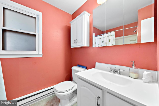 bathroom featuring baseboard heating, toilet, vanity, and a shower with curtain