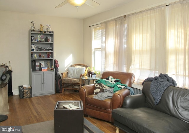 living room featuring ceiling fan and dark hardwood / wood-style floors