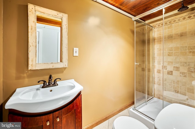 full bathroom featuring toilet, wood ceiling, vanity, baseboards, and a shower stall