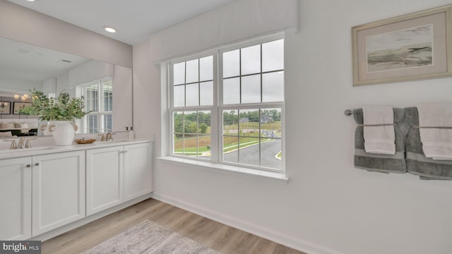 bathroom with vanity and hardwood / wood-style floors