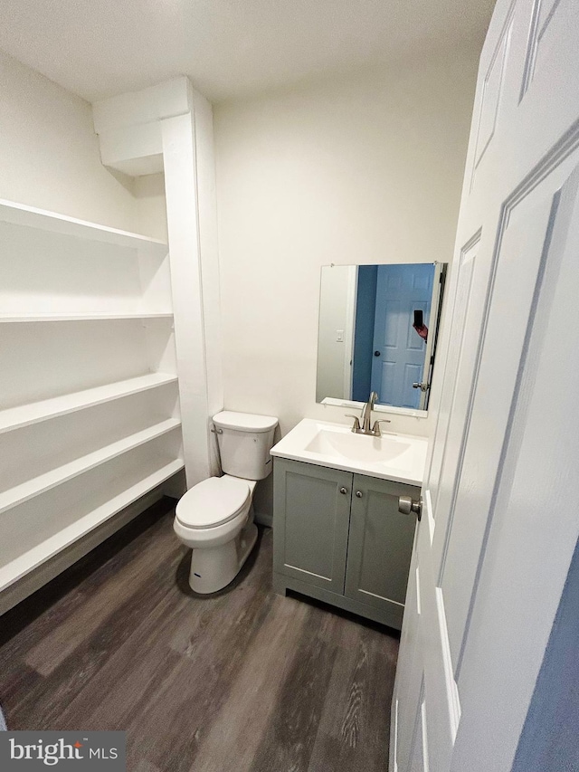 bathroom featuring toilet, vanity, and wood finished floors