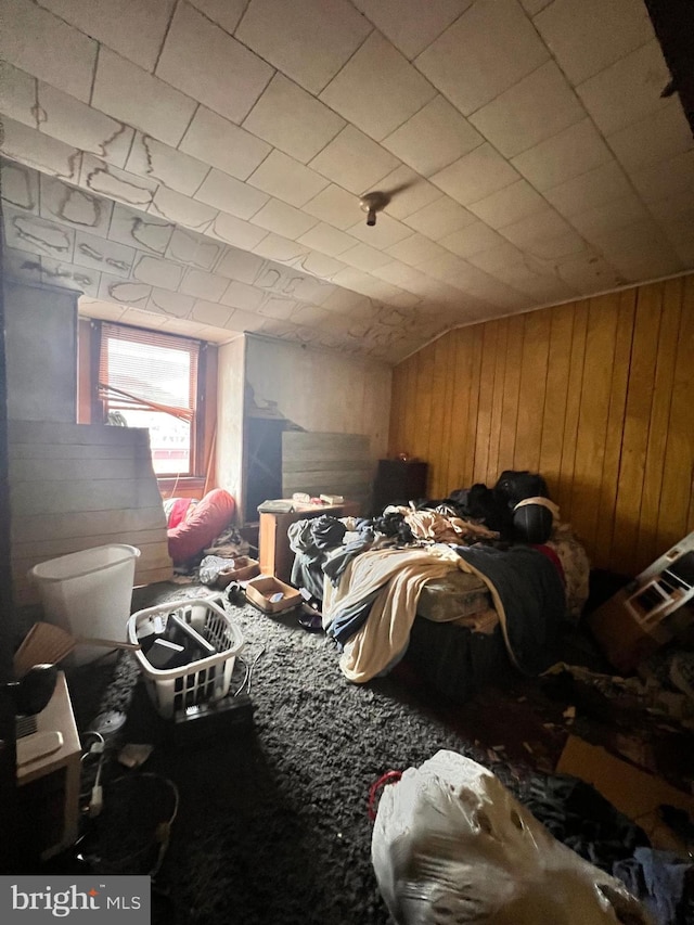 misc room with carpet, vaulted ceiling, and wood walls