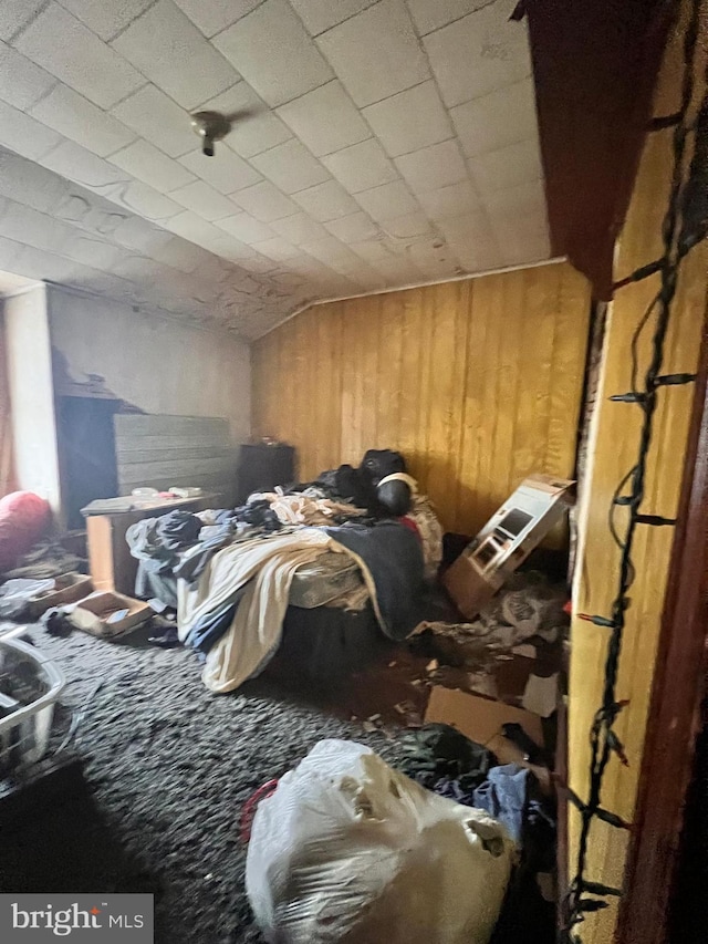 misc room with carpet floors, vaulted ceiling, and wood walls