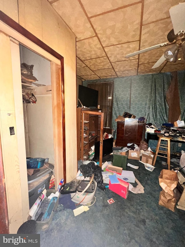 misc room with carpet floors and wooden walls