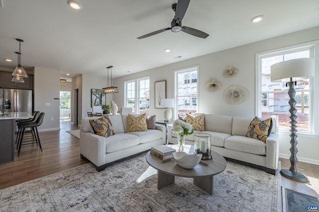 living room featuring ceiling fan and hardwood / wood-style flooring