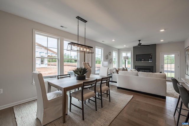 dining space featuring a healthy amount of sunlight, ceiling fan with notable chandelier, dark hardwood / wood-style floors, and a fireplace