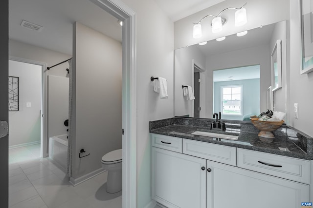 full bathroom featuring toilet, tile patterned flooring, shower / bath combination, and vanity