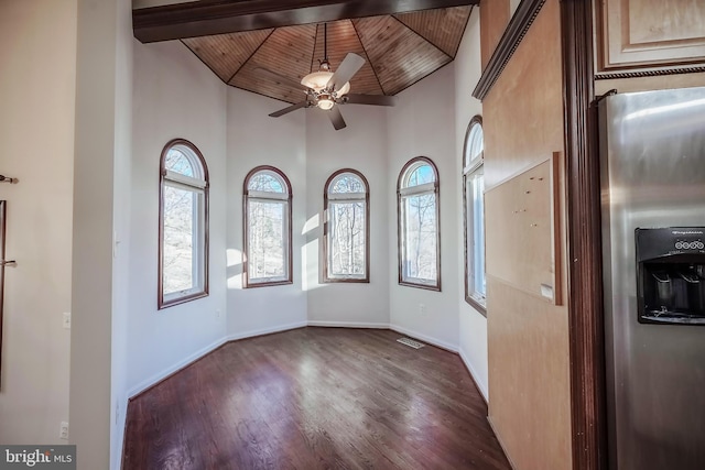 unfurnished dining area featuring ceiling fan, wooden ceiling, and dark hardwood / wood-style floors