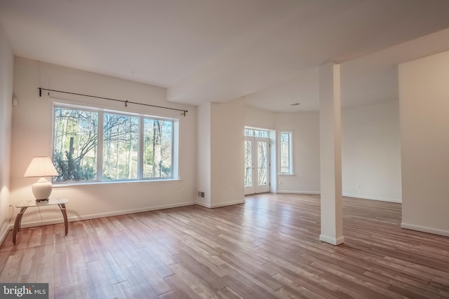 spare room with french doors and light hardwood / wood-style flooring