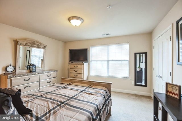 bedroom with a closet and light colored carpet