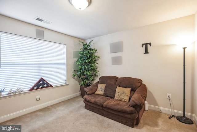 sitting room with light colored carpet