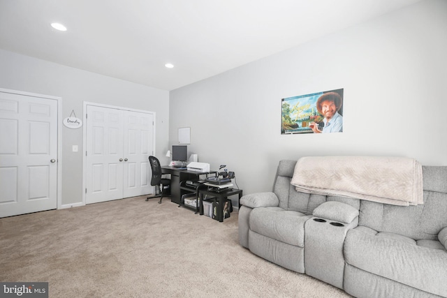 home office featuring light colored carpet