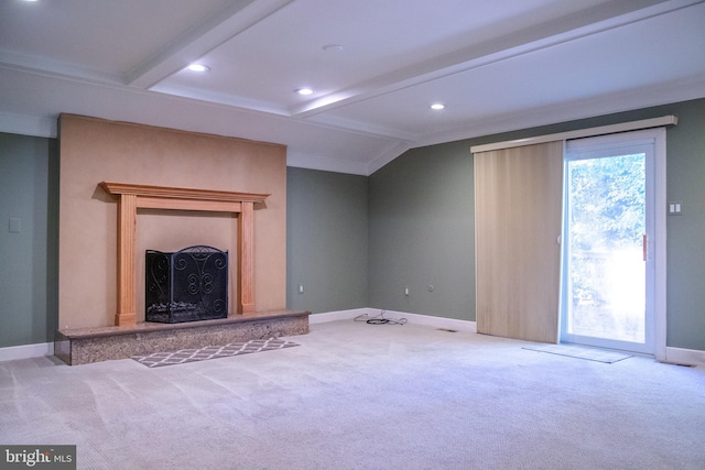 unfurnished living room with carpet floors and lofted ceiling with beams