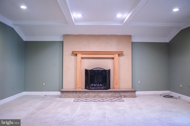 unfurnished living room featuring lofted ceiling with beams and carpet flooring