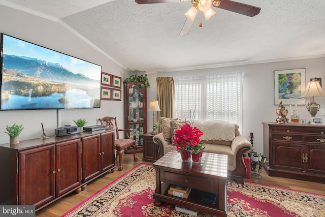 living room with ceiling fan, vaulted ceiling, a textured ceiling, and light hardwood / wood-style flooring