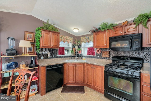 kitchen with black appliances, lofted ceiling, tasteful backsplash, sink, and ornamental molding