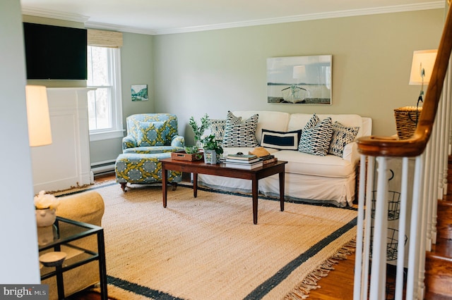 living room with baseboard heating, crown molding, and wood-type flooring