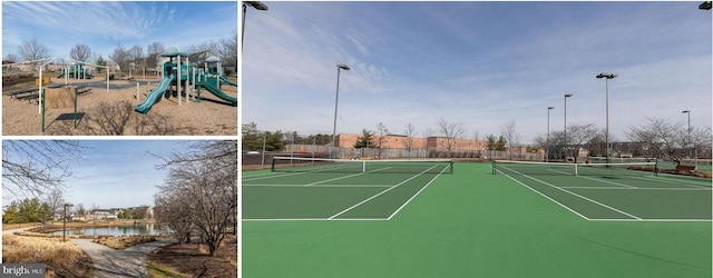 view of tennis court with a playground