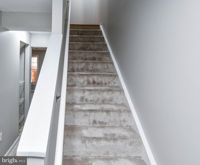 staircase featuring carpet floors and baseboards