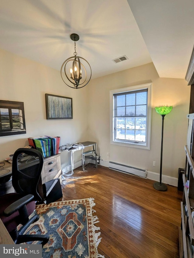 office with baseboard heating, a chandelier, and dark hardwood / wood-style floors