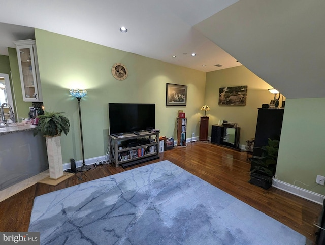 living room with sink and dark wood-type flooring