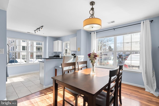 dining space with rail lighting and light hardwood / wood-style flooring