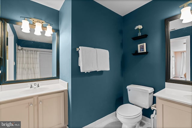 bathroom with vanity, toilet, and tile patterned flooring