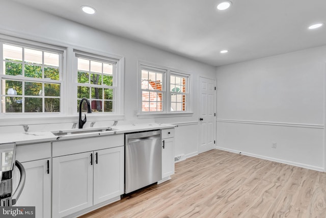 kitchen with sink, white cabinets, stainless steel dishwasher, and a wealth of natural light