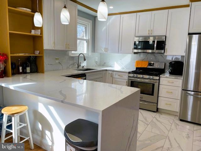 kitchen featuring kitchen peninsula, stainless steel appliances, and white cabinetry