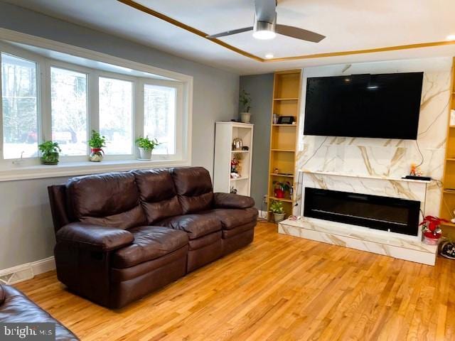 living room featuring a premium fireplace, hardwood / wood-style floors, and ceiling fan