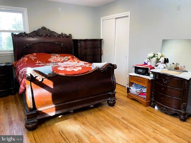 bedroom featuring light wood-type flooring and a closet