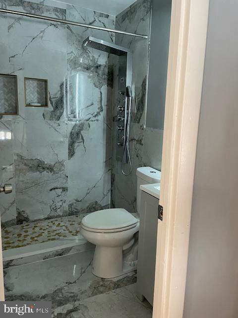 bathroom with toilet, tiled shower, and vanity