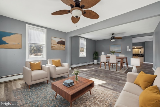 living room featuring wood-type flooring and a baseboard radiator