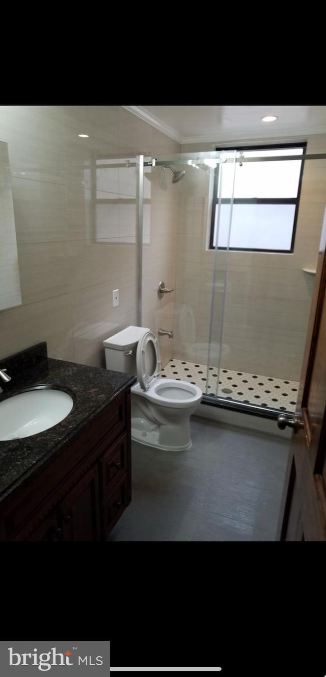 bathroom with toilet, walk in shower, and vanity