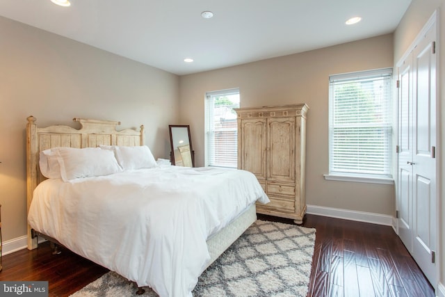 bedroom featuring dark wood-type flooring and multiple windows