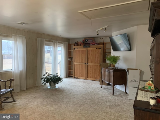 living area featuring light carpet and wooden walls