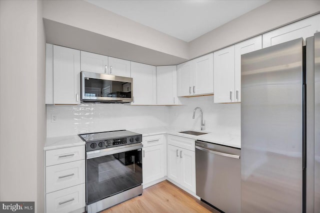 kitchen featuring sink, stainless steel appliances, white cabinetry, and light wood-type flooring