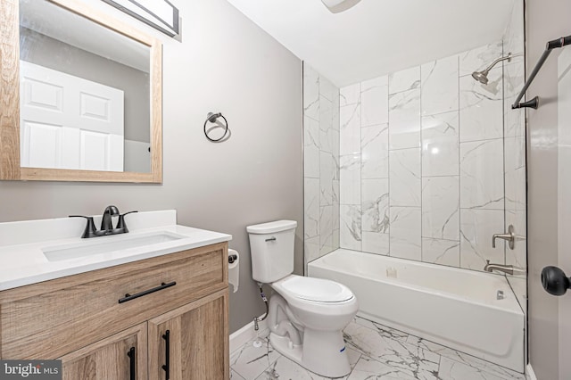 full bathroom with tiled shower / bath combo, vanity, and toilet