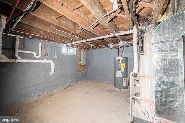 basement with electric water heater and electric panel