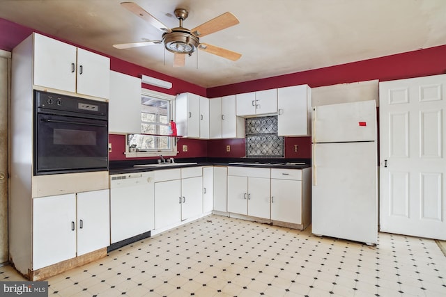 kitchen with ceiling fan, white cabinetry, sink, and white appliances