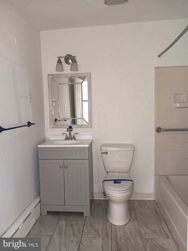 full bathroom featuring tub / shower combination, toilet, vanity, and a baseboard heating unit