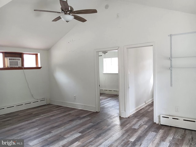 spare room with a baseboard radiator, ceiling fan, and dark wood-type flooring