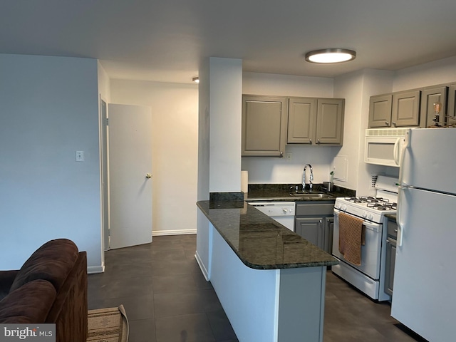 kitchen featuring kitchen peninsula, gray cabinetry, white appliances, dark stone counters, and sink