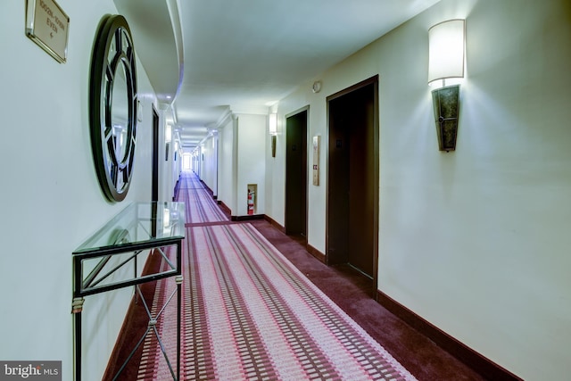 hall with elevator and dark colored carpet