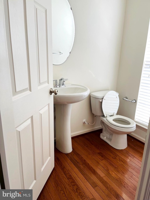 bathroom with hardwood / wood-style flooring and toilet