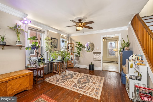 interior space with a baseboard radiator, ornamental molding, ceiling fan, and dark wood-type flooring