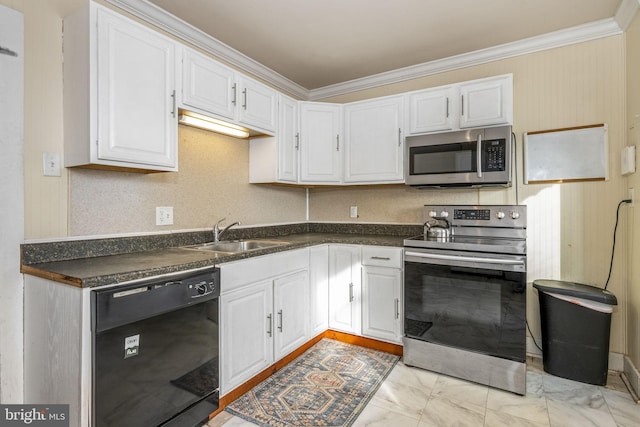 kitchen featuring sink, stainless steel appliances, white cabinetry, and crown molding