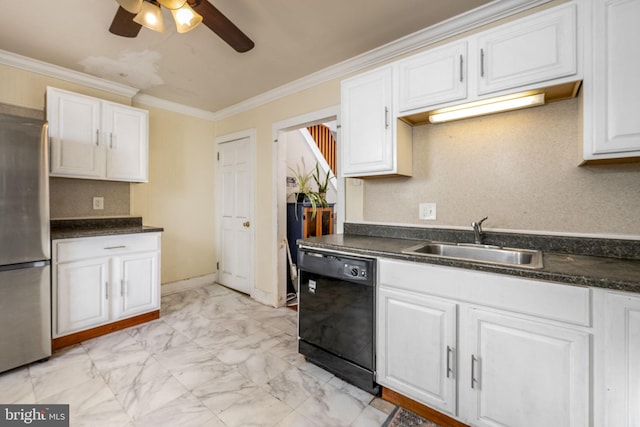 kitchen with stainless steel fridge, white cabinets, ceiling fan, black dishwasher, and sink