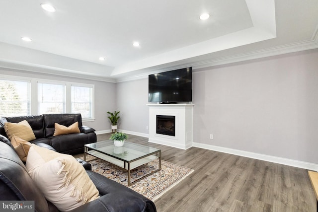 living area with a fireplace, recessed lighting, a raised ceiling, wood finished floors, and baseboards